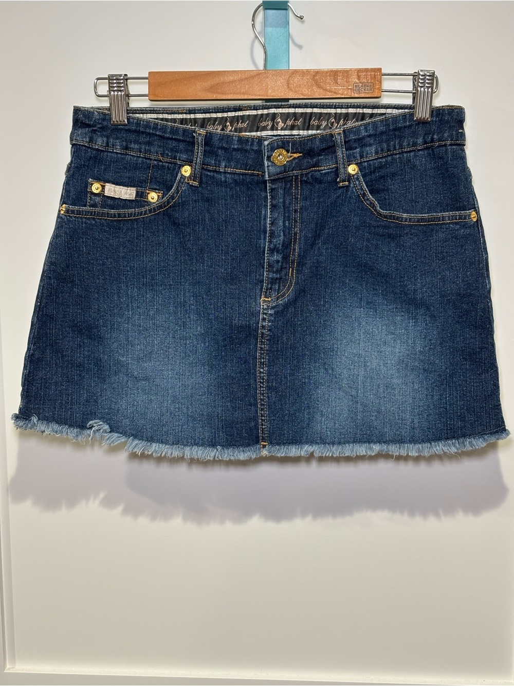 Baby Phat Vintage Denim Mini Skirt Size 7 Blue Gold Cat Logo Y2K McBling